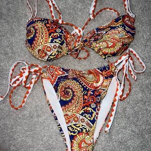 Paisley Print Bikini Set - Orange and Blue